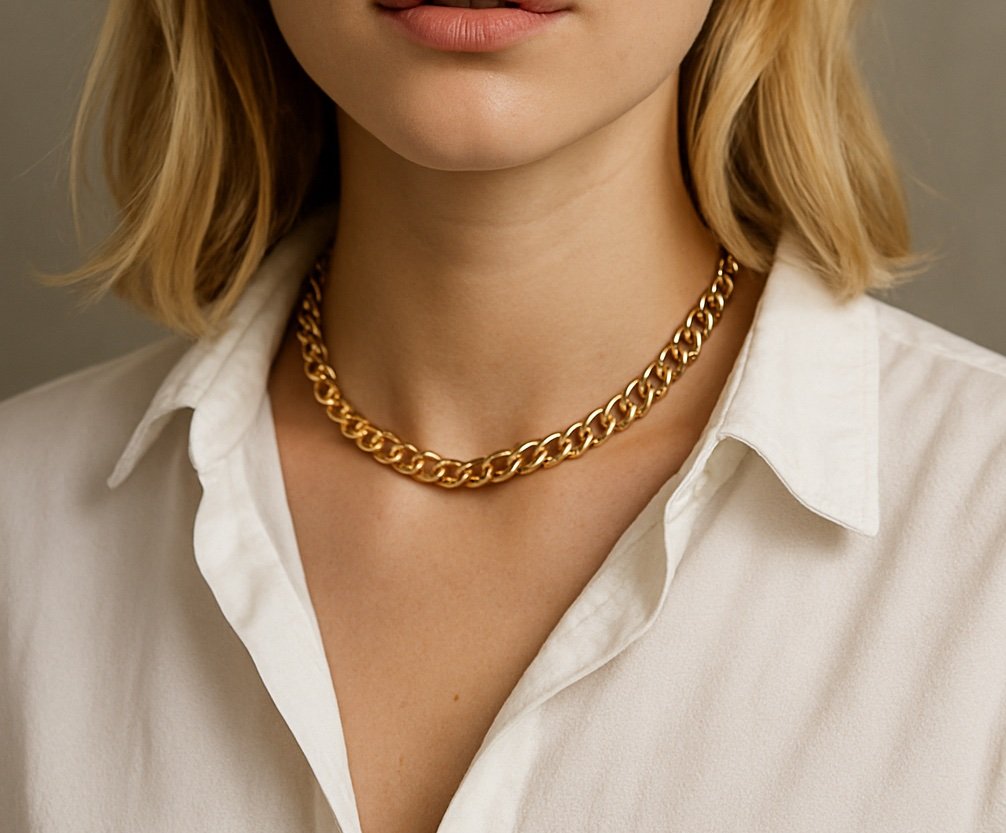 femme avec collier ras du cou grosse maille acier inoxydable